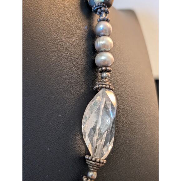 Vintage to Antique Sterling Silver Pearl Rock Quartz Abalone Shell Bead Necklace - Picture 3 of 10